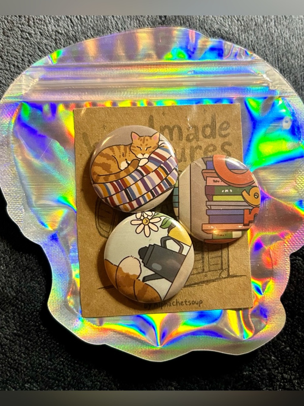 Cozy Cat & Books Button Set Upcycled Bookmark Pins 1.25in - Picture 8 of 9
